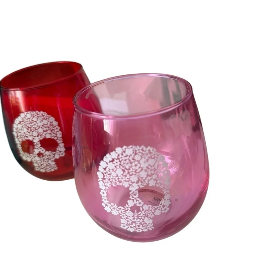 TMD Holdings 4 Floral Skull Stemless Wine Glasses 4 inches Tall New In Box